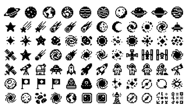 Monochrome Pixel Universe Objects and Galaxy Icons 8 Bit Vector Set