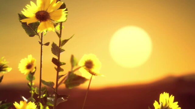 Sunflowers stand tall in a field as the sun sets in the background. The bright flowers catch the last light of the day, highlighting their yellow petals.