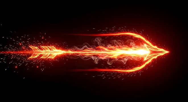 A blazing flaming arrow flying fast through the dark air with bright sparks and intense heat trail