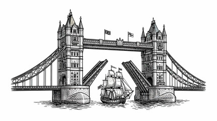 Obraz premium Hand-drawn sketch of Tower Bridge opening for a sailing ship on the Thames, London.