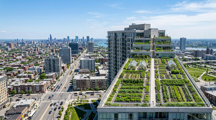 Obraz premium Spectacular urban agriculture thrives on a contemporary residential skyscraper rooftop, seamlessly blending sustainable green spaces into the bustling urban environment