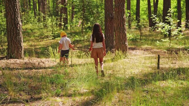 Three children enjoy a day outdoors in the forest under the sun. They walk along a path surrounded by trees and greenery as they explore their surroundings