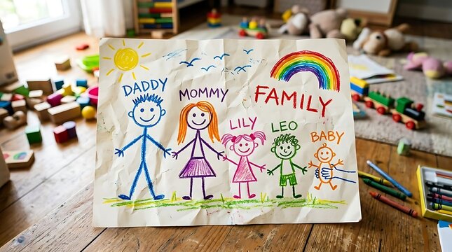 A colorful crayon drawing of a stick family with names, a rainbow, and the sun.