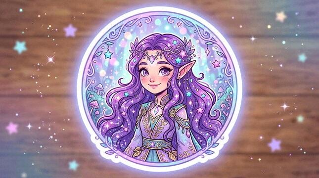 Fantasy elf girl sticker with purple hair and stars.
