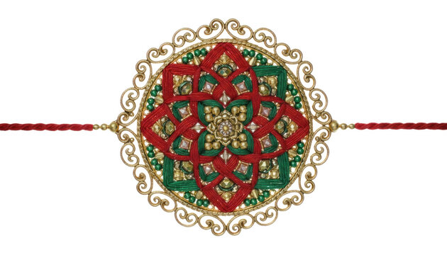 Ornate mandala medallion  red and green floral rosette with gold filigree, festive decorative emblem design isolated PNG with Transparent Background