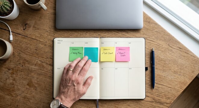 Top view of hand pointing at weekly planner notebook with colorful sticky notes and laptop on wooden desk concept