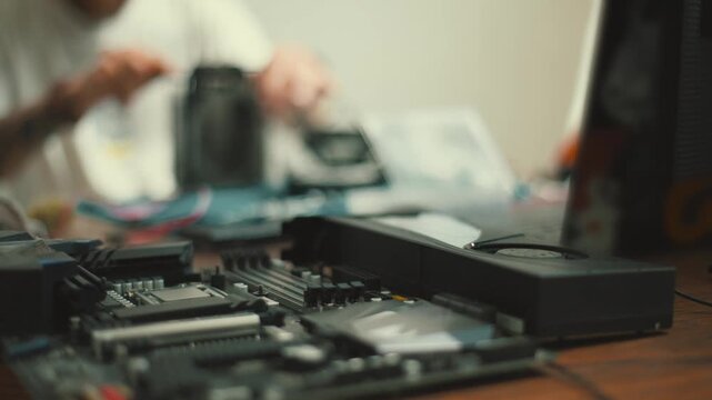Working on computer parts in a home workspace with tools and components spread out on the table