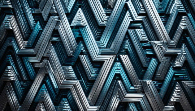 Detailed macro 3D render of a contemporary art deco pattern with futuristic metallic blue and silver zigzag structures creating a geometric texture.