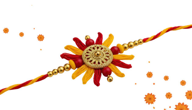 Traditional rakhi bracelet with beads, red and yellow thread. Hindu festival raksha bandhan gift. Sibling bond symbol isolated PNG with Transparent Background