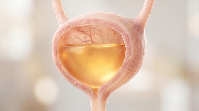 Human Urinary Bladder Anatomy (internal organ): A cross-section of the bladder sits prominently showing internal fluid levels in the background