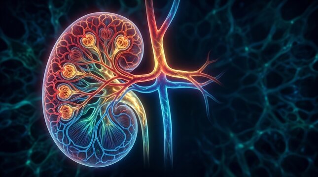 Renal Anatomy and The Rectum and Anus Process of Elimination: Renal vessels and structures glow radiantly within the complex kidney diagram