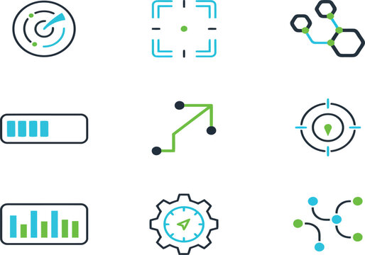 Advanced Technology Dashboard UI and Data Analytics Vector Icon Set with Target Radar Battery Status Line Graphs Gear Settings and Network Nodes