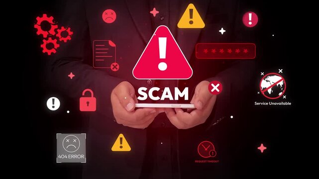 Digital scam alert with error icons, service unavailable, request timeout, security lock, and warning signs 4k animation floating on the phone in hands
