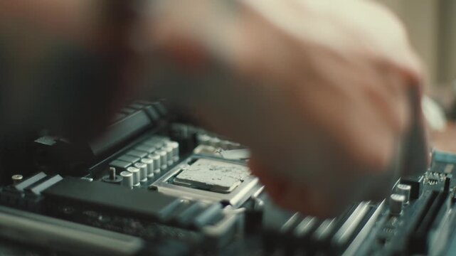 Installing thermal paste on a computer CPU during a build process in a home workshop