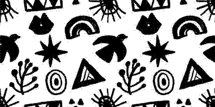 Abstract seamless pattern with hand drawn elements, doodle style shapes including birds, stars, rainbows, triangles, and plants, black and