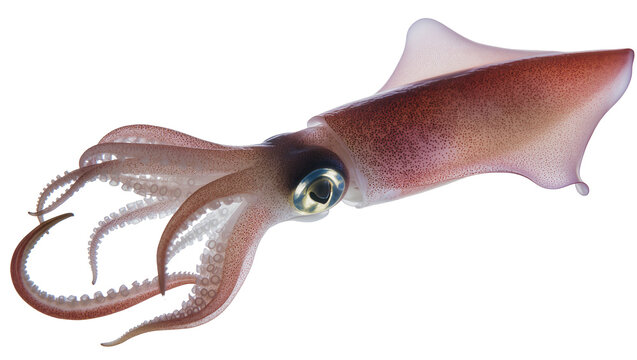 Cephalopod squid with tentacles and fins pinkish-brown speckled body, large eye