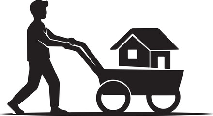 man pulls a cart with a house. black icon solid vector © sadi
