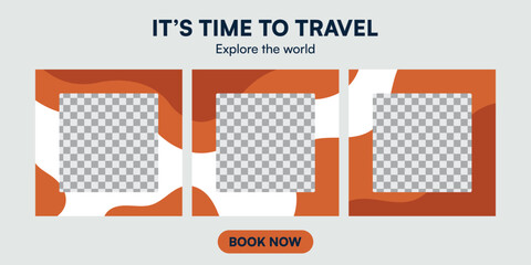 Creative travel agency social media carousel template featuring abstract orange waves, image frames, and call to action buttons for tourism advertising campaigns. © Sourov Kundu