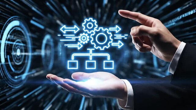 Businessman hands managing digital gear mechanism and hierarchy flow chart on blue tech interface