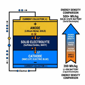 Diagram comparing solid-state battery components and energy density against lithium-ion technology.