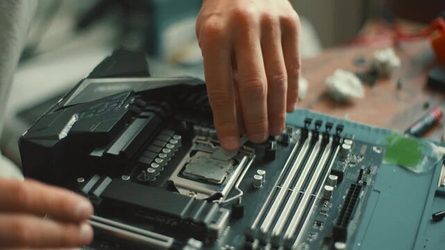 Man builds a computer and installs parts on the motherboard in a workshop with tools and equipment