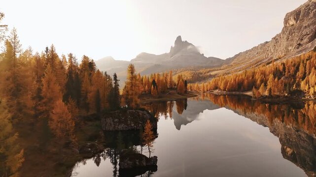 Crystal clear water. Lake Federa near the Croda da Lago mountain at autumn time, majestic landscape, raw nature.