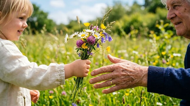 A child's hand offers a vibrant bouquet of wildflowers to an elderly hand in a sunny meadow