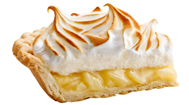 A slice of lemon meringue pie with toasted meringue topping on transparent background cake pastry dessert