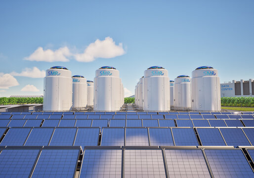 Smr or small modular nuclear reactors power plant with solar panels for data center building