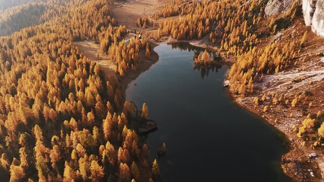Lake Federa near the Croda da Lago mountain at autumn time, majestic landscape, raw nature.