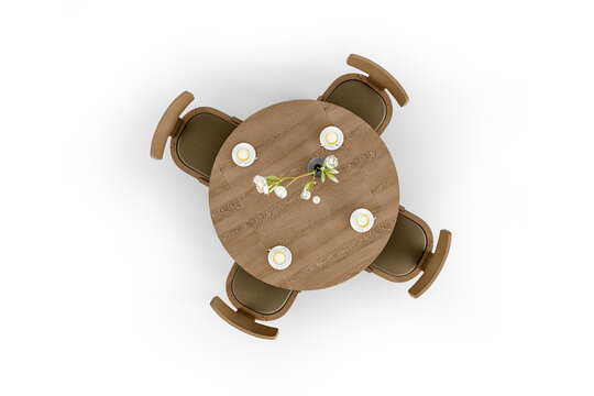 Top view of round wooden dining table and four chairs isolated on white background.