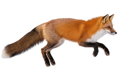 Obraz premium Red fox running in snow with white fur on chest and tail tip