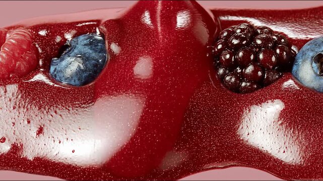 Juicy berries in thick syrup provide an appetising backdrop for adverts promoting desserts and healthy eating.