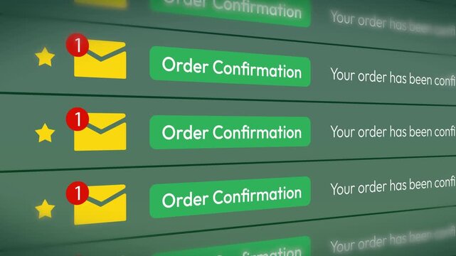 Order confirmation email notifications with unread message alerts on a digital screen 4k animation