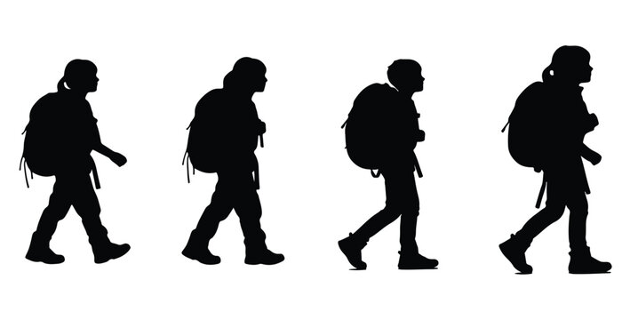 Silhouettes of four determined children or young adults walking with large heavy backpacks, depicting hiking, trekking, or a long journey adventure.