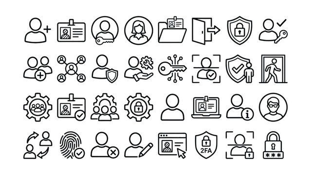 Black line icons of security authentication and verification concepts including people data protection and privacy symbols on white background