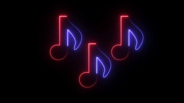 Three glowing blue and red neon musical notes.