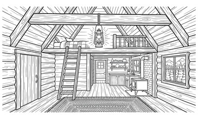 Cozy rustic log cabin interior with loft bed and wood stove coloring page black and white line art © ANIMESH