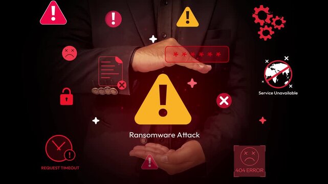 Ransomware attack alert floating in between hands of a businessman, close up 4k tech concept
