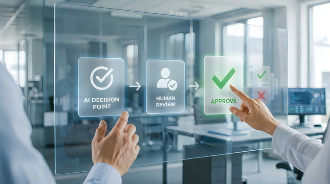 Business process management demonstrating artificial intelligence decision point followed by human review and final approval through transparent glass.