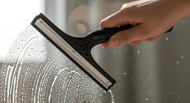 Close-up of hand using a squeegee to clean a soapy window, creating suds and water trails on glass surface