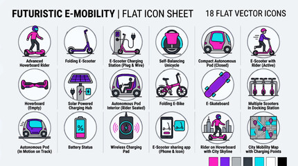 Futuristic E-Mobility Flat Icon Sheet with 18 Vector Illustrations of Electric Scooters, Hoverboards, Autonomous Pods, and Charging Stations, Featuring Bright Pink and Purple Accents © teddy saputra