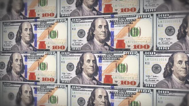 Seamless pattern of new hundred dollar bills financial concept 4k footage close up