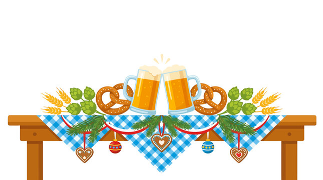 Oktoberfest table decoration with beer mugs, pretzels, hops, and traditional Bavarian elements.