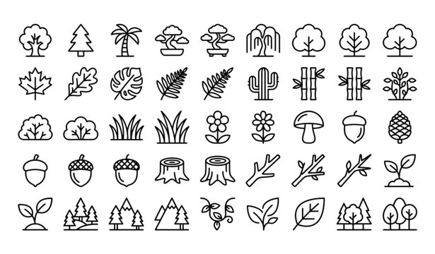Modern tree plants and forest outline icon set with minimalist botanical nature line symbols editable vector collection isolated on white background