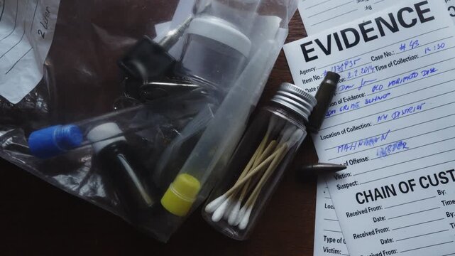 Close-up of a hand placing a spent bullet casing among investigative evidence, reinforcing themes of forensic analysis, criminal investigations, and true crime storytelling.