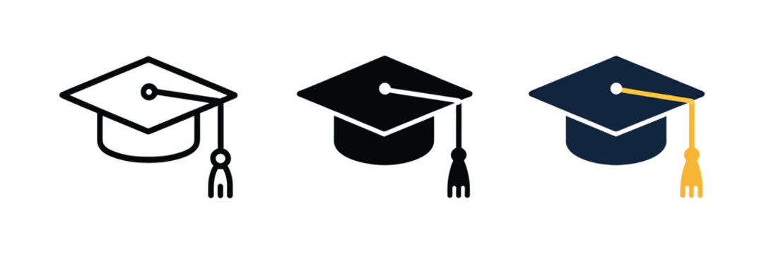 Graduation cap icons featuring university education, college graduation hat, academic achievement, and clean minimalist vector graphics for school and learning projects.