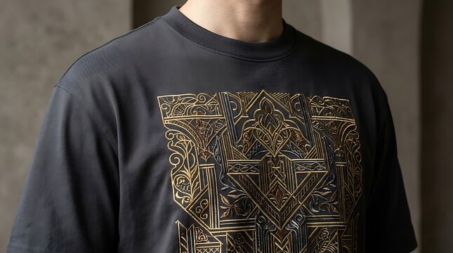 Close up detailed illustration of abstract urban cityscape on dark fabric t-shirt texture