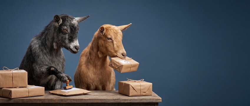 Two goats, one black and one brown, are interacting with cardboard packages on a wooden table. The background is a solid blue color.