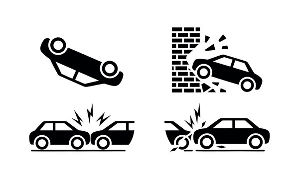 Four car accident vector icons showing different crash types